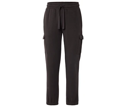 Dunkelgraue Jogginghose mit Kordelzug und Taschen auf beiden Seiten.
