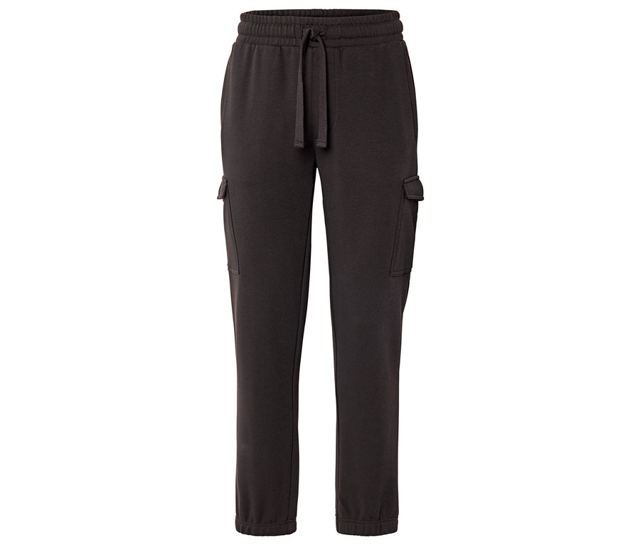 Dunkelgraue Jogginghose mit Kordelzug und Taschen auf beiden Seiten.