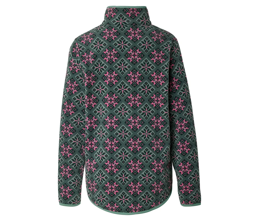 Rückansicht eines Fleece-Pullovers mit Stehkragen, der mit einem geometrischen Muster in Grün und Rosa bedruckt ist.