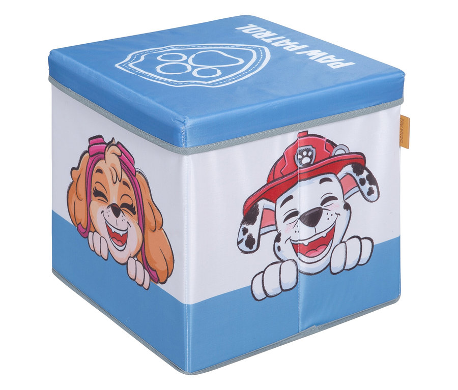 Blau-weißer Aufbewahrungswürfel mit Paw Patrol-Motiven.