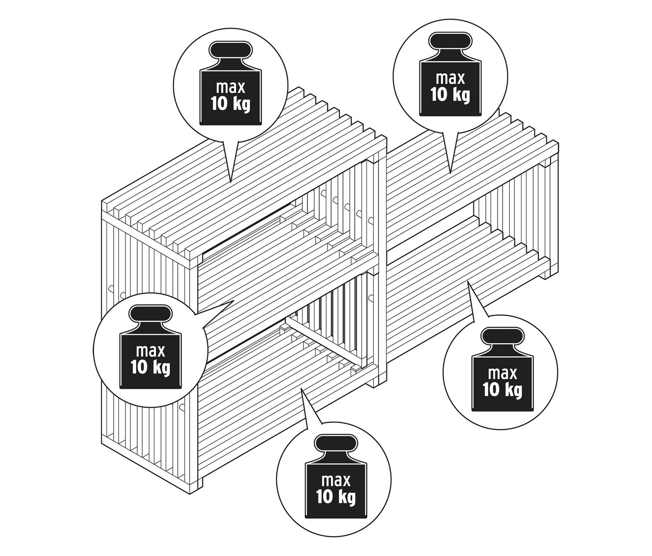 Draufsicht eines ausziehbaren Stufenregals mit Hinweisen zum maximalen Gewicht von 10 kg.