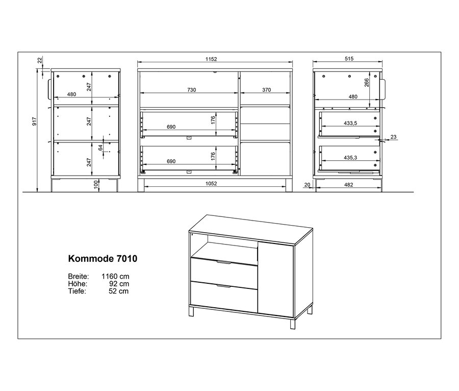 Technische Zeichnung der Kommode 7010 mit Breiten-, Höhen- und Tiefenangaben.