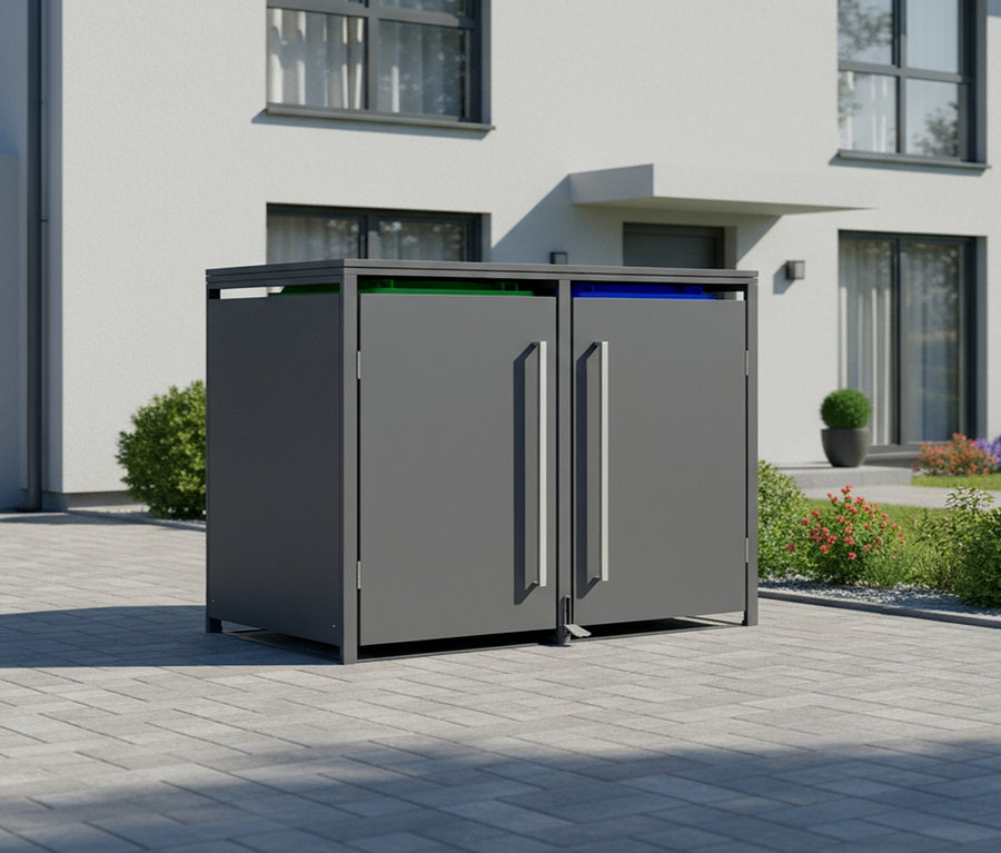 Eine graue Mülltonnenbox mit zwei Fächern steht vor einem weißen Haus.