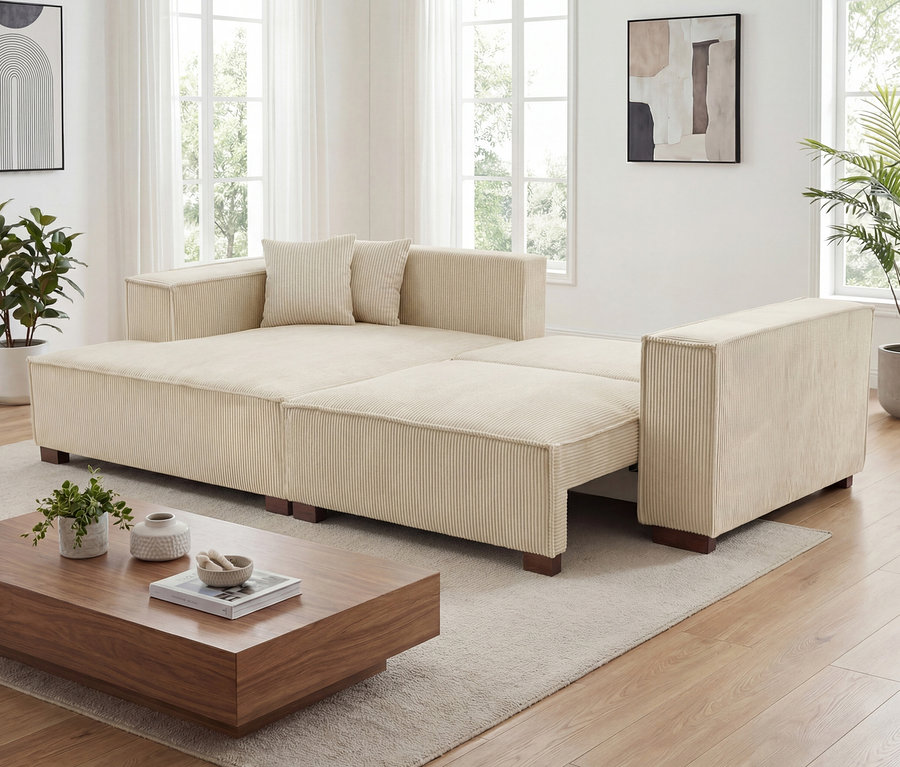 Ein cremefarbenes Sofa 2-Sitzer mit Auszugsbett rechts und Longchair links namens »Cumello« steht im Raum.