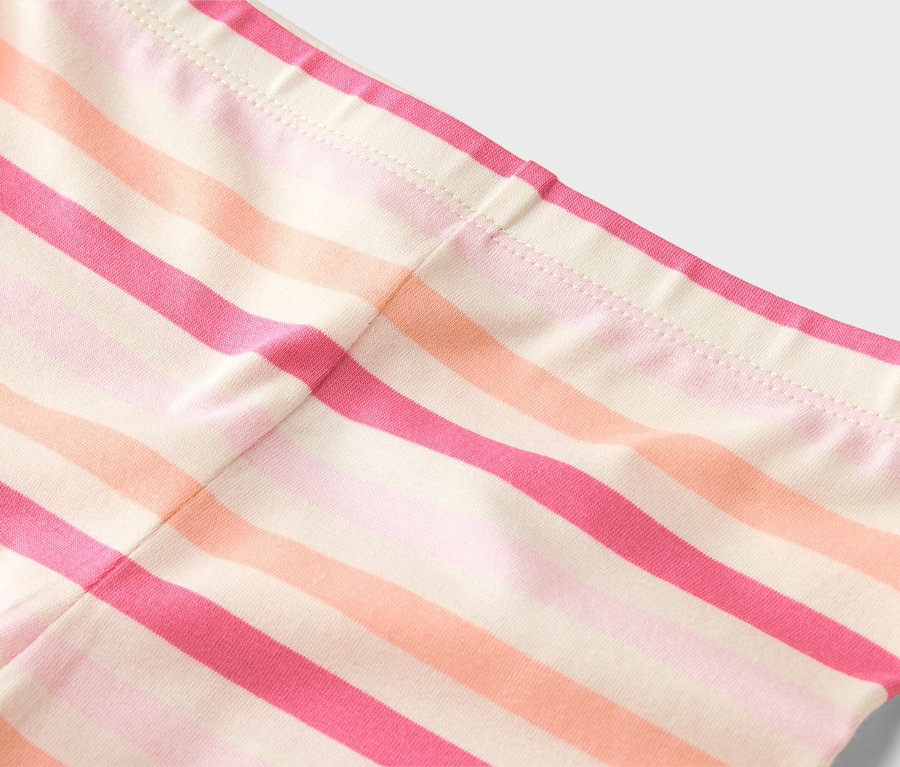 Detailaufnahme einer gestreiften Leggings in Rosa-, Orange- und Beigetönen.