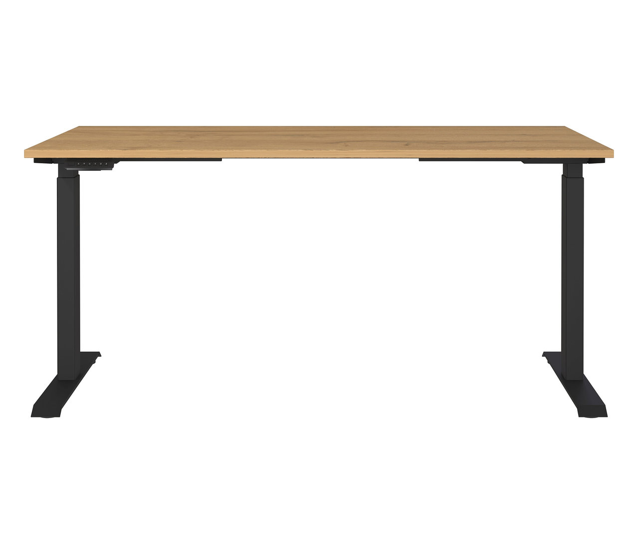 Ein elektrisch höhenverstellbarer Schreibtisch, Breite ca. 160 cm, steht vor einem weißen Hintergrund.