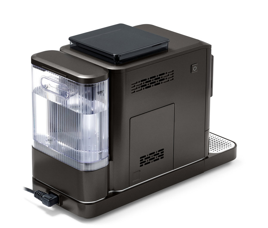 Detail einer »Esperto 2 Milk« Granite Black Kaffeemaschine mit transparentem Wassertank.