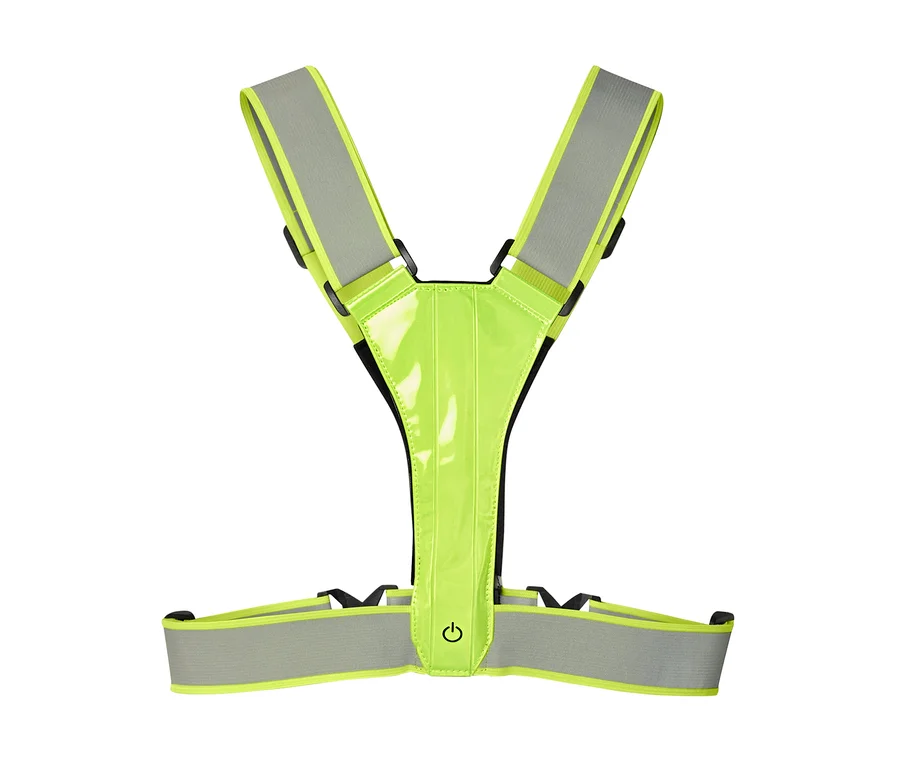 Neon-gelbe und graue reflektierende Laufweste im Gurt-Design mit einem Ein-/Aus-Schalter-Symbol auf der Vorderseite.
