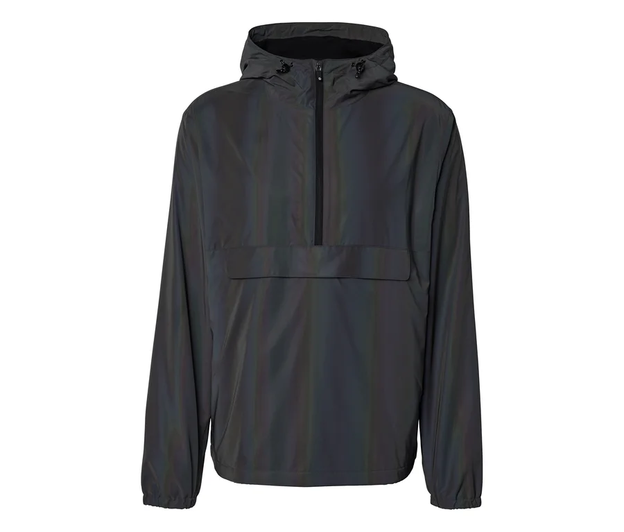 Dunkle, reflektierende Kapuzenjacke mit halbem Reißverschluss und großer Vordertasche.