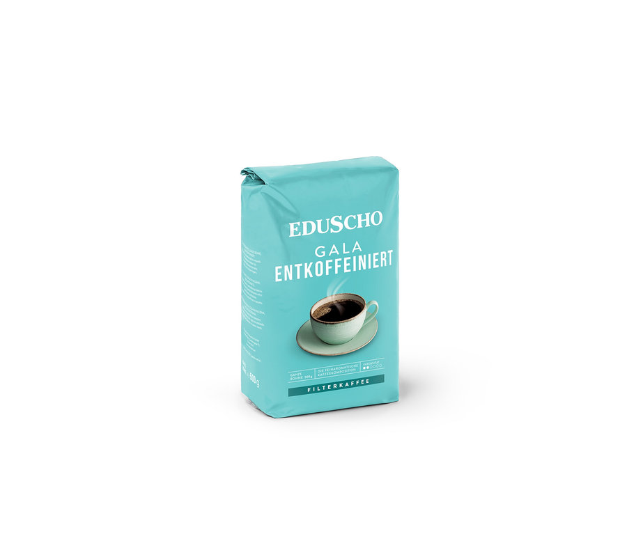 Eine Packung EDUSCHO Gala Entkoffeiniert Kaffee mit einer Abbildung einer Tasse Kaffee.