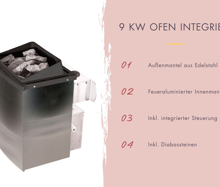 Ein 9 KW Saunaofen mit Edelstahl-Außenmantel, oben mit Diabassteinen. Merkmale umfassen integrierte Steuerung.