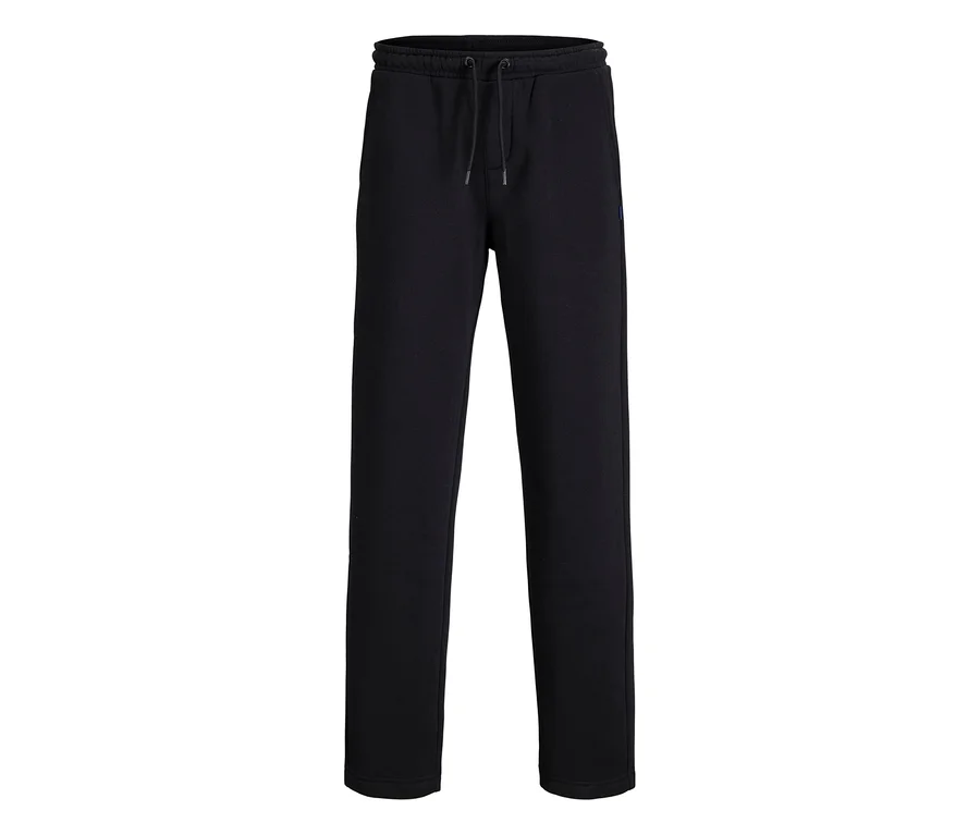 Schwarze Jack&Jones Bradley Sweatpants mit Kordelzugbund, flach liegend vor weißem Hintergrund.