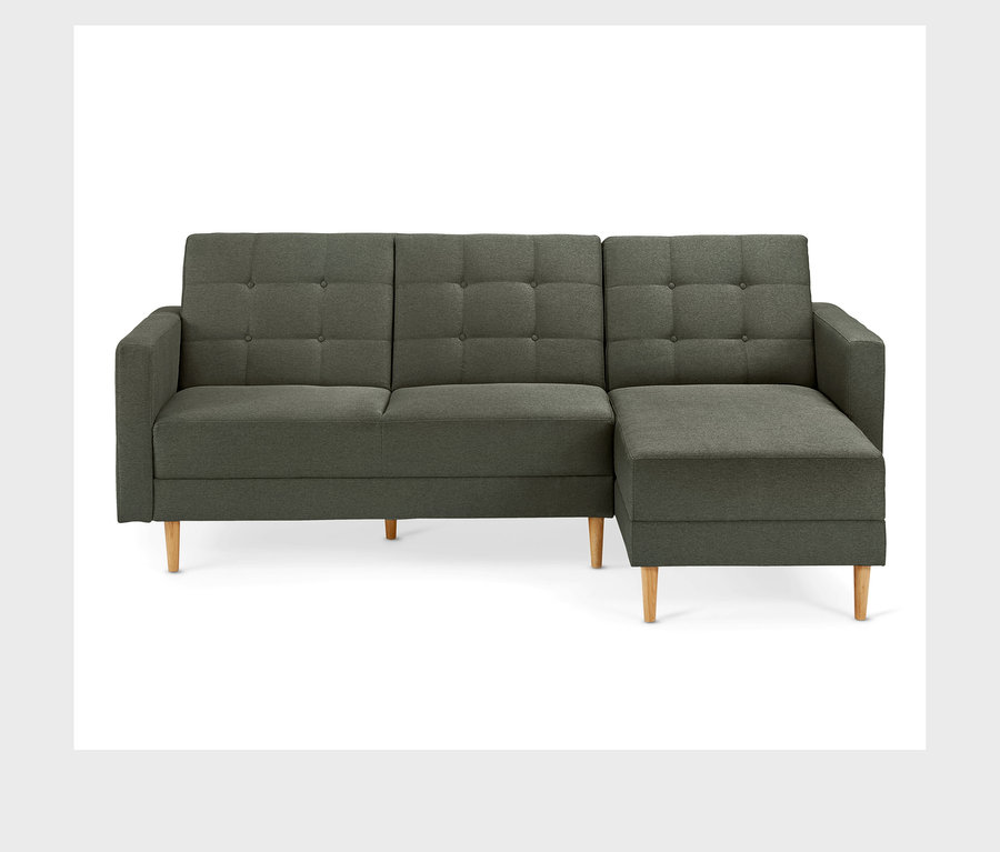 Grünes Federkern-Eckschlafsofa »Just Relax« mit Stauraumbank und Holzfüßen.