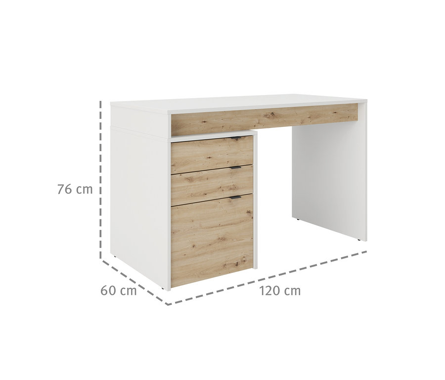 Weißer und holzfarbener Roba Schreibtisch »Salice« mit Schubladen und den Maßen 76 x 60 x 120 cm.