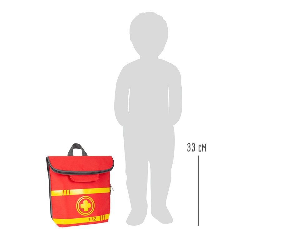 Roter small foot Notarzt-Rucksack mit Griff und gelben Details neben einer Kindersilhouette.