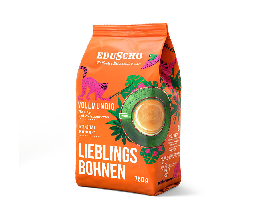 Orangefarbene Eduscho Lieblingsbohnen Vollmundig Kaffeepackung, 750 g Ganze Bohne, mit Affen- und Kaffeetassengrafik.
