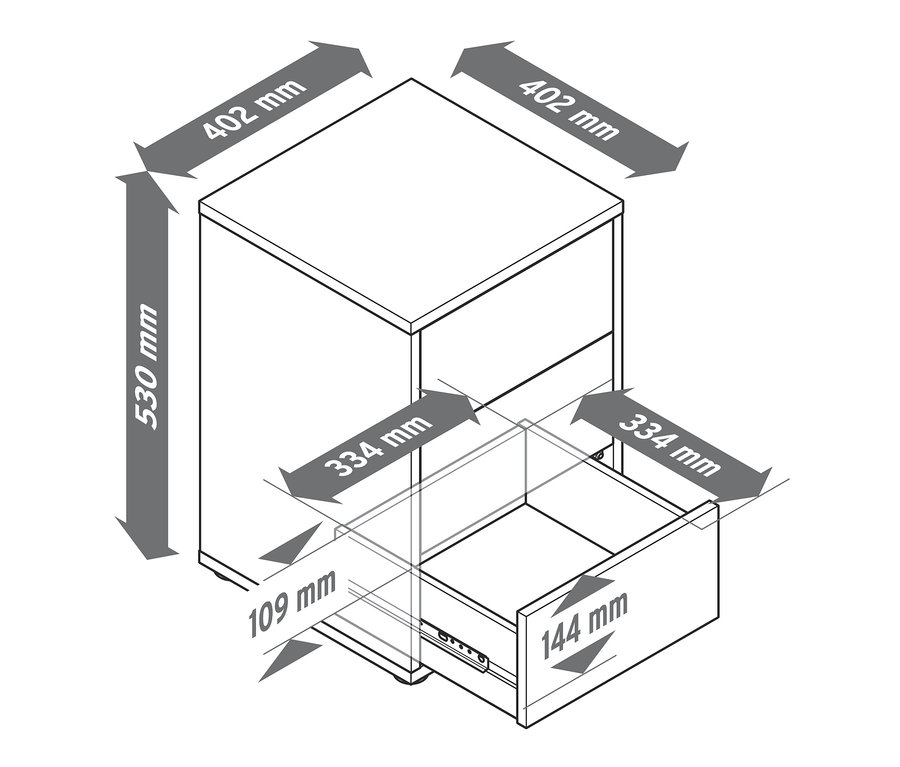 Abmessungen von Boxspring-Nachttisch mit offener Schublade.
