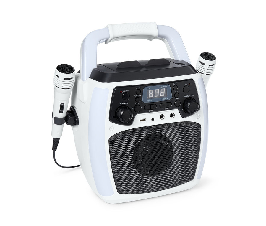 Weißes Karaoke-System mit zwei Mikrofonen.