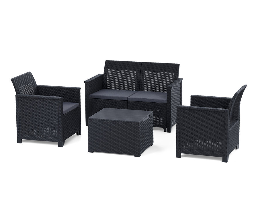 Schwarzes 4-teiliges Gartenmöbel-Set »Geflechtoptik« mit zwei Sesseln, einem Sofa und einem Tisch.