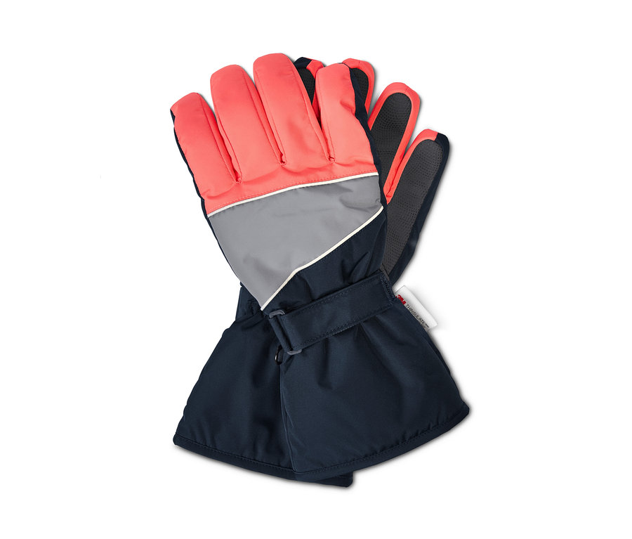 Zwei Winterhandschuhe mit korallenfarbenen Fingern, grauem Streifen und marineblauem Handgelenk.