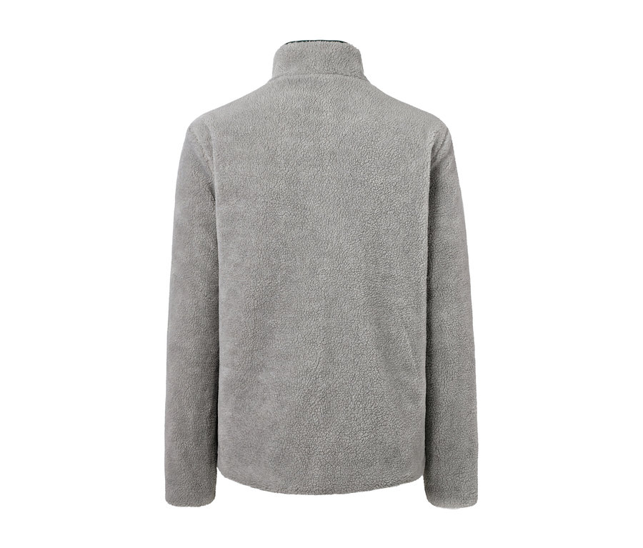Rückansicht einer grauen Wendejacke mit Textur.