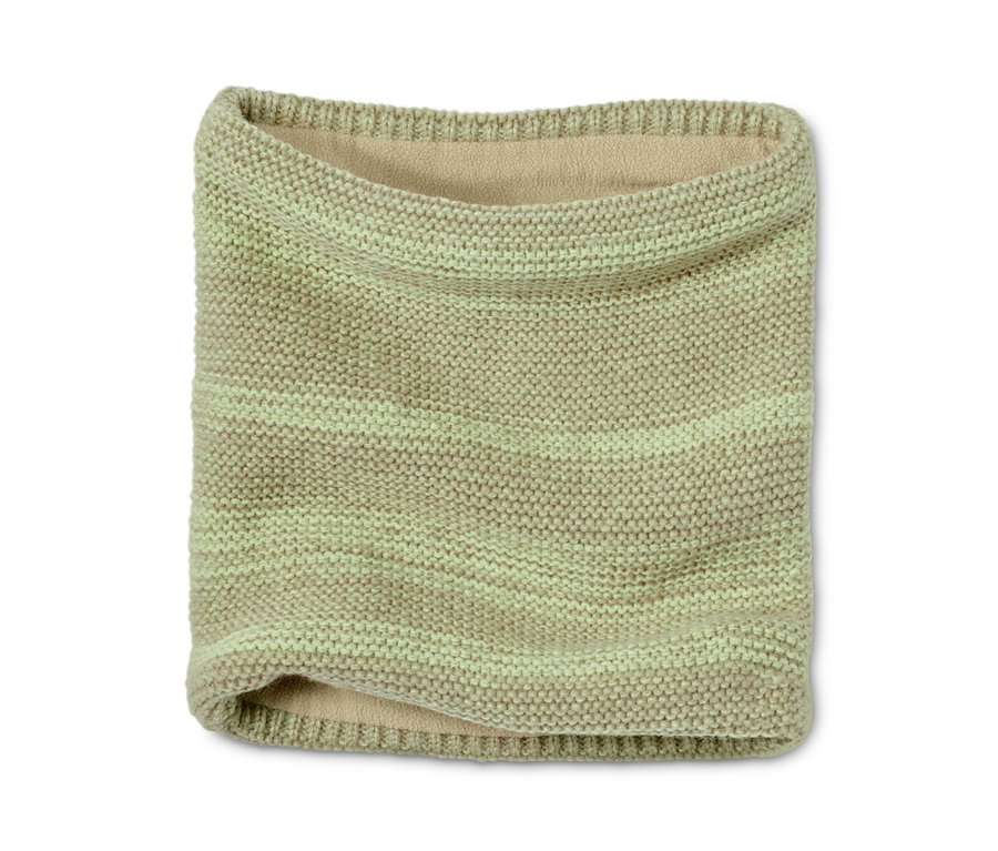 Beige und Grün gestreifter Strick-Schlauchschal.