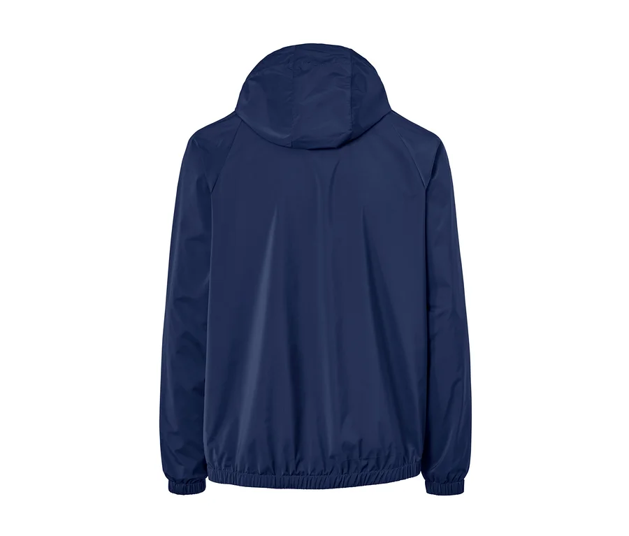 Dunkelblaue Windbreaker-Jacke von hinten.