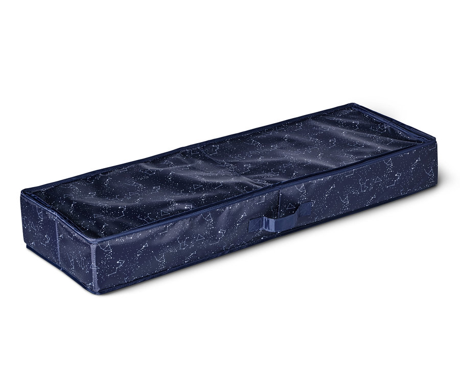 Blauer Geschenkpapier-Organizer mit weißem Sternbild-Muster liegt auf einem weißen Hintergrund.