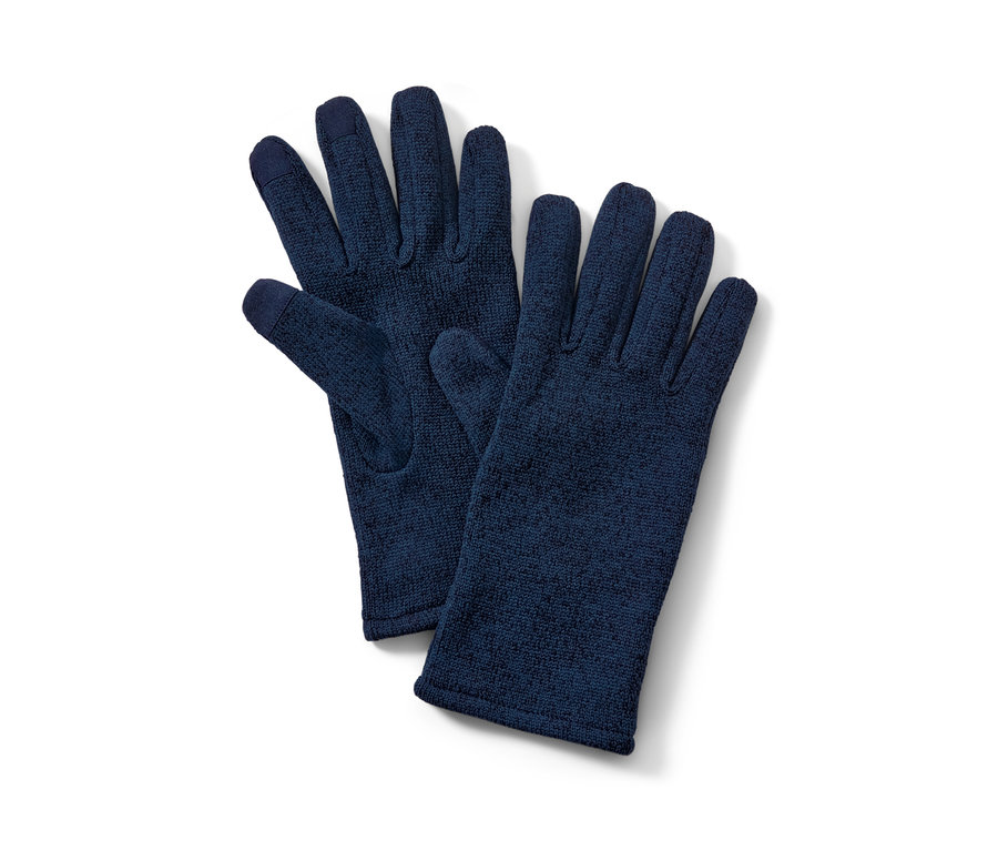Zwei blaue Strickfleece-Handschuhe liegen übereinander.