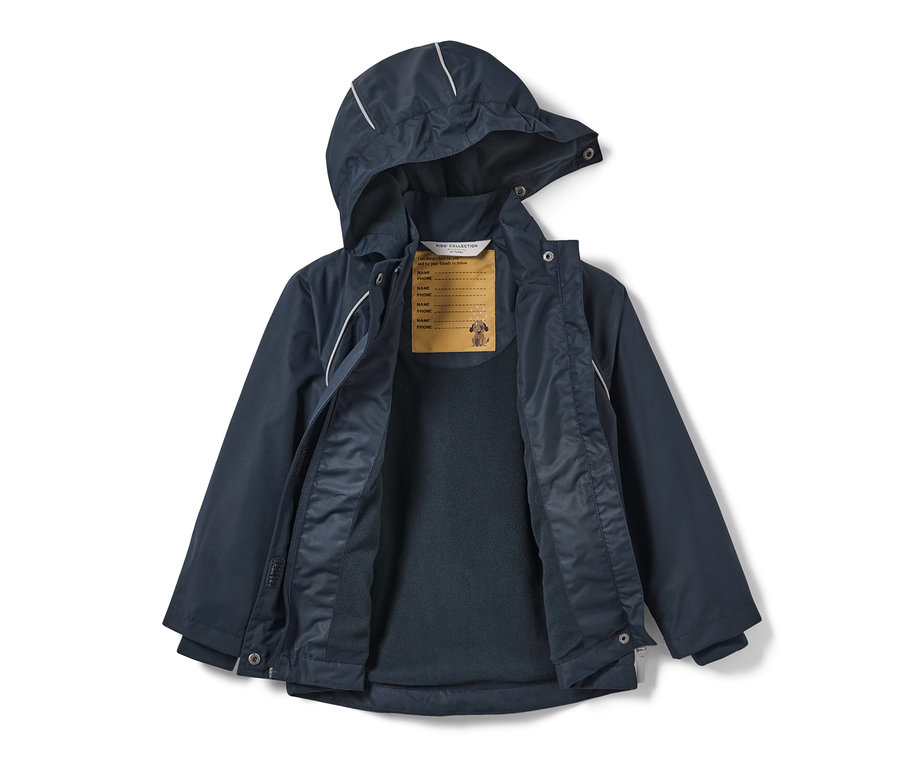 Geöffnete marineblaue Kinder-Thermo-Regenjacke, Hund.