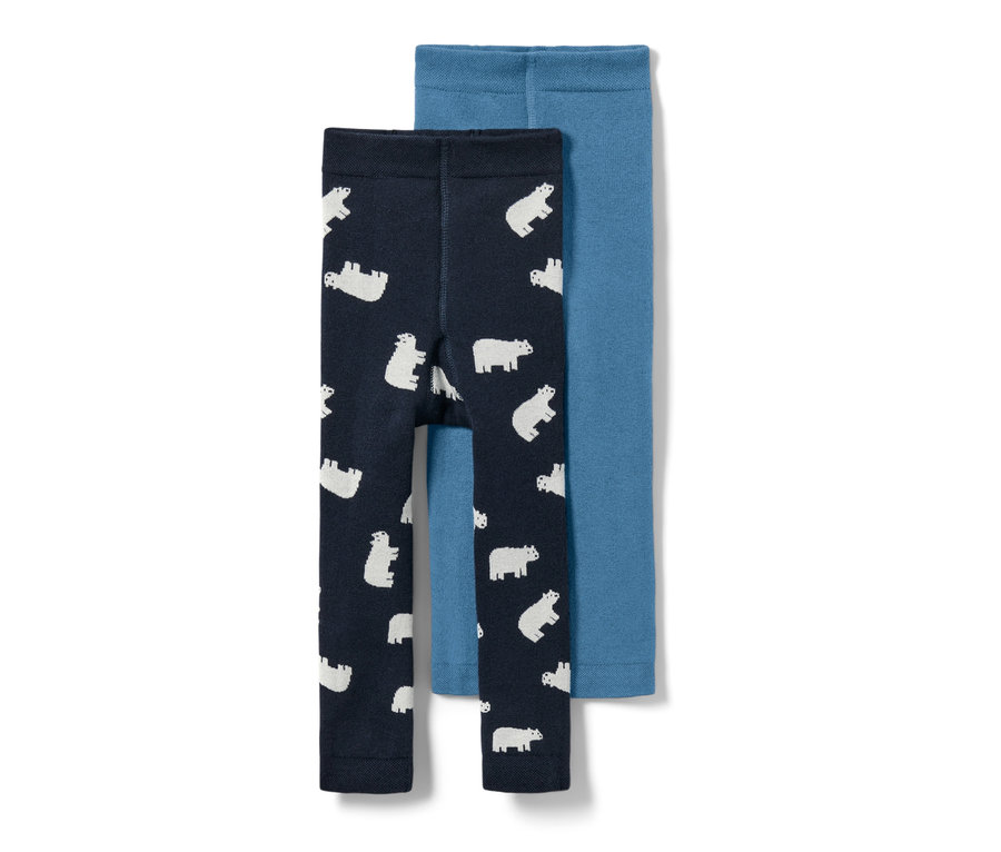 Zwei Kleinkind-Thermoleggings. Eine marineblau mit Eisbärenmuster, die andere hellblau.