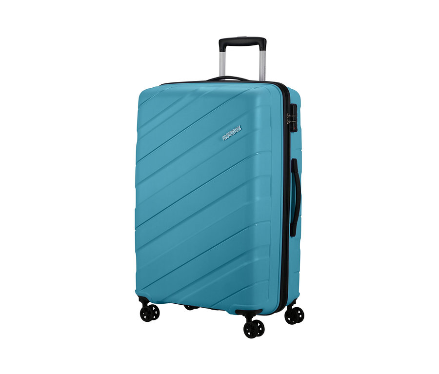Ein großer, hellblauer American Tourister »Jetdriver 3.0« Koffer auf Rädern.