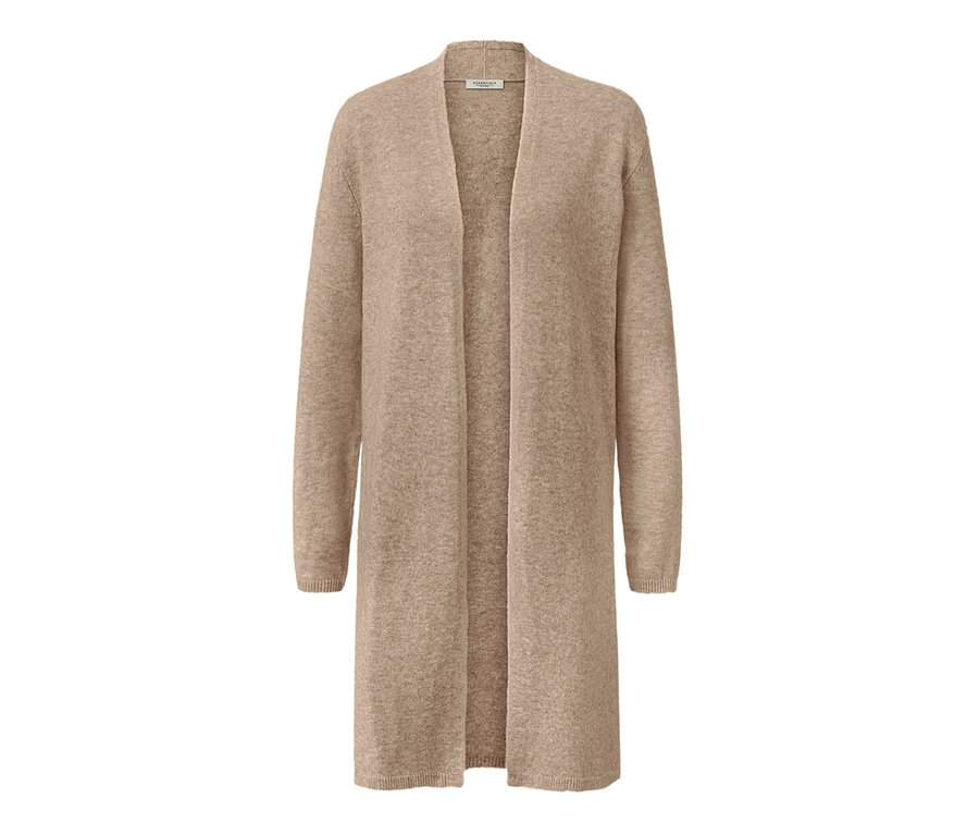 Ein offener, langer, beiger Cardigan.
