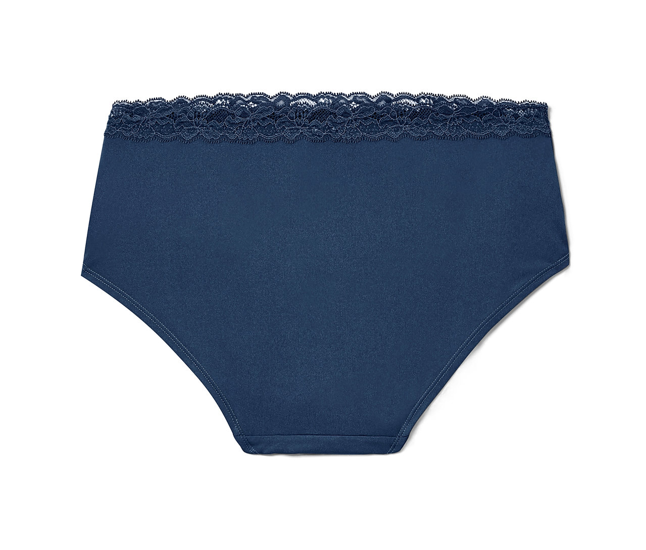 Detailaufnahme einer einzelnen marineblauen Panty mit Spitze am Bund.