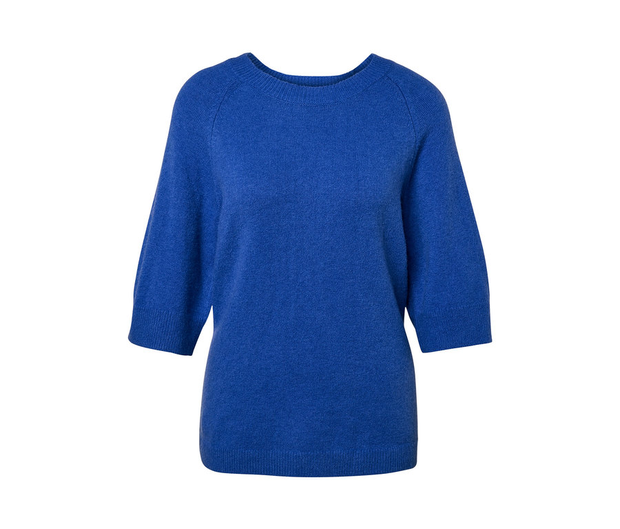 Kobaltblauer Strickpullover mit Dreiviertelärmeln.