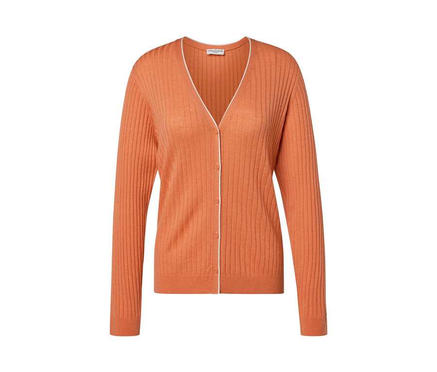 Gerippter, orangefarbener Cardigan mit Seide und weißer Bordüre.
