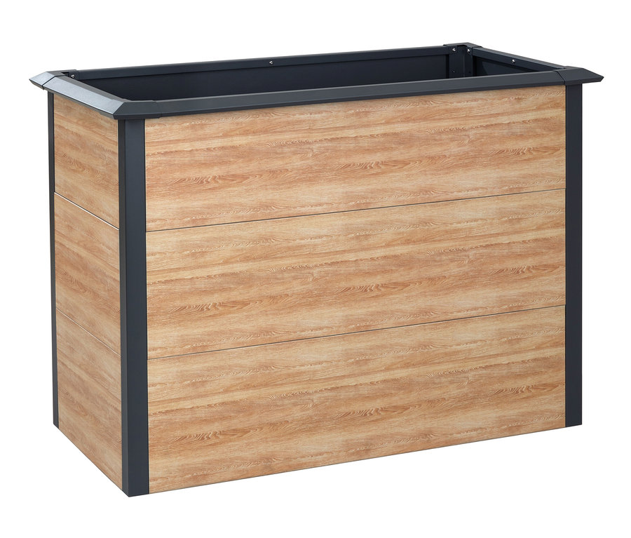 Rechteckiger Pflanzkasten mit Holztextur und dunkelgrauem Rahmen.