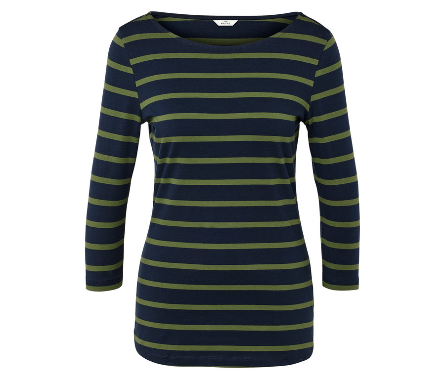 Damen Langarmshirt mit blau-grün gestreiften horizontalen Streifen.