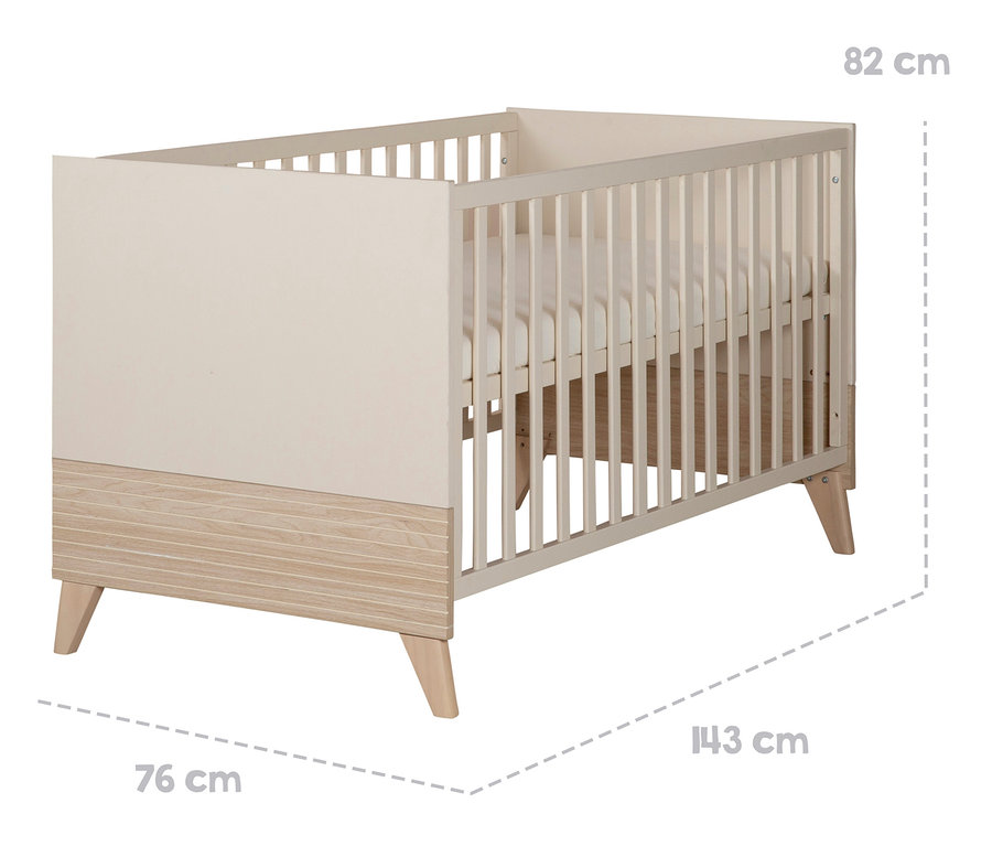 Ein beiges Kinderbett, roba Set »Sidney« 2-teilig, cashmere, mit Größenangaben.