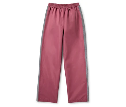 Rosa Kinder-Regenhose mit grauen Streifen an der Seite.