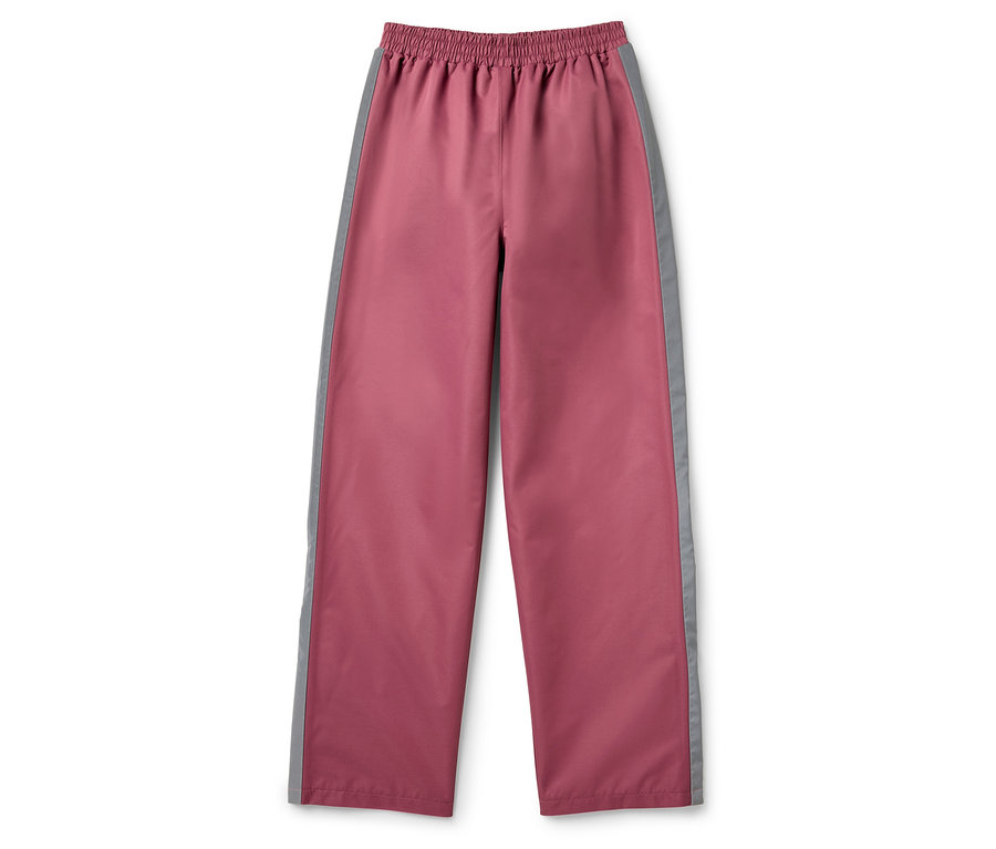 Rosa Kinder-Regenhose mit grauen Streifen an der Seite.