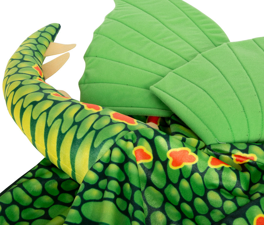 Detailansicht des grünen small foot Kostüms »Drache«.