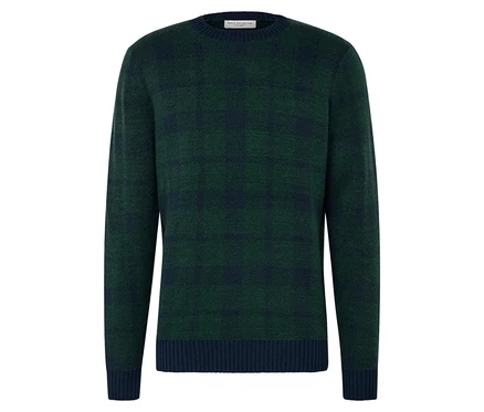 Grüner Strickpullover mit dunkelblauen Details an Saum und Bündchen.