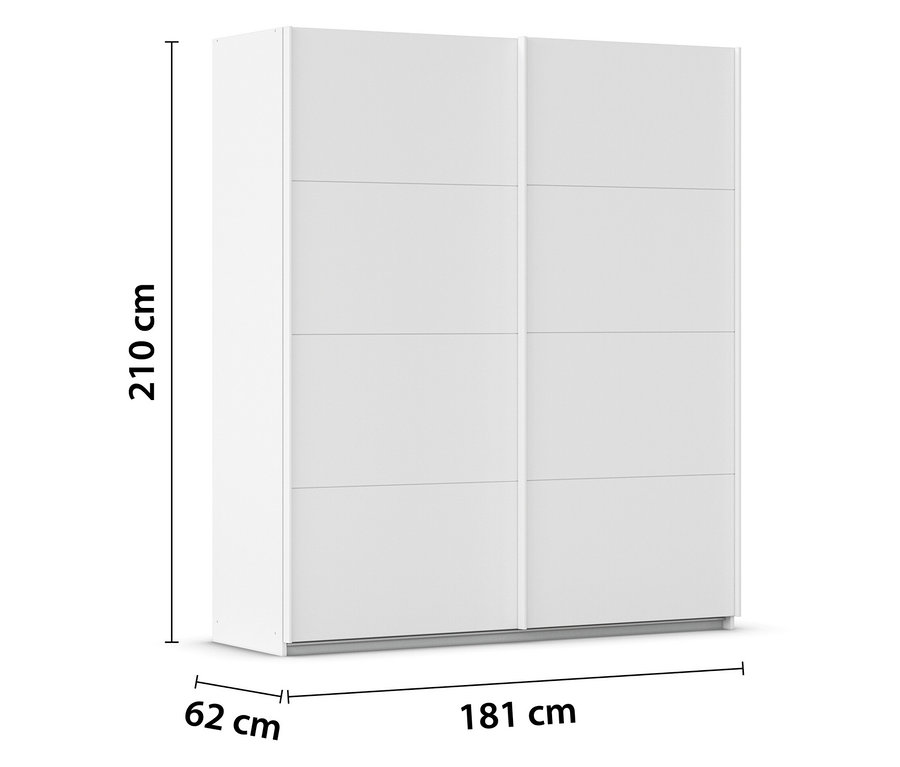 Abbildung eines weißen Schrankes mit Schiebetüren und den Maßen 210 cm x 181 cm x 62 cm.