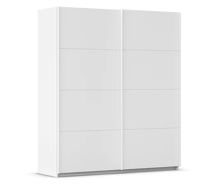 Ein weißer Schrank mit zwei Schiebetüren.