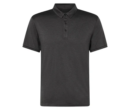 Nahaufnahme des anthrazitfarbenen Funktions-Poloshirts.