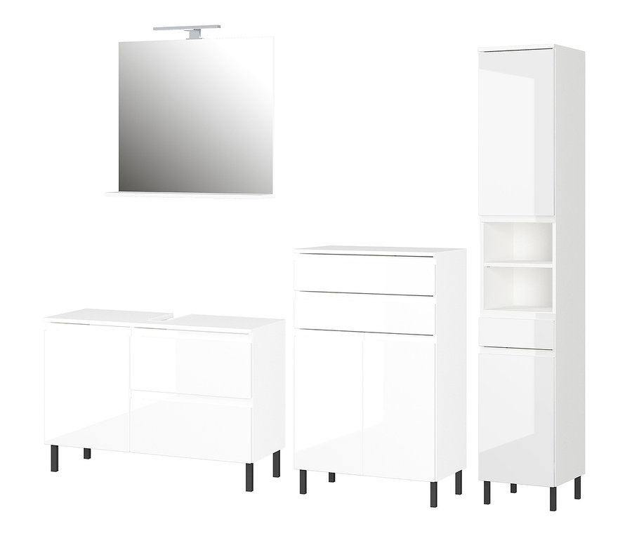 Weißes »Salinas« Set groß mit Kommode, Hochschrank, Waschbeckenunterschrank und Spiegel.