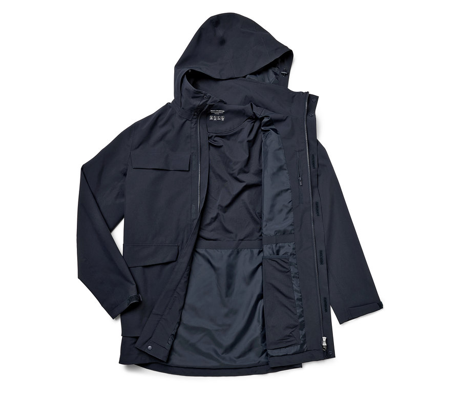 Offene, dunkelblaue Jacke mit Kapuze und Taschen.