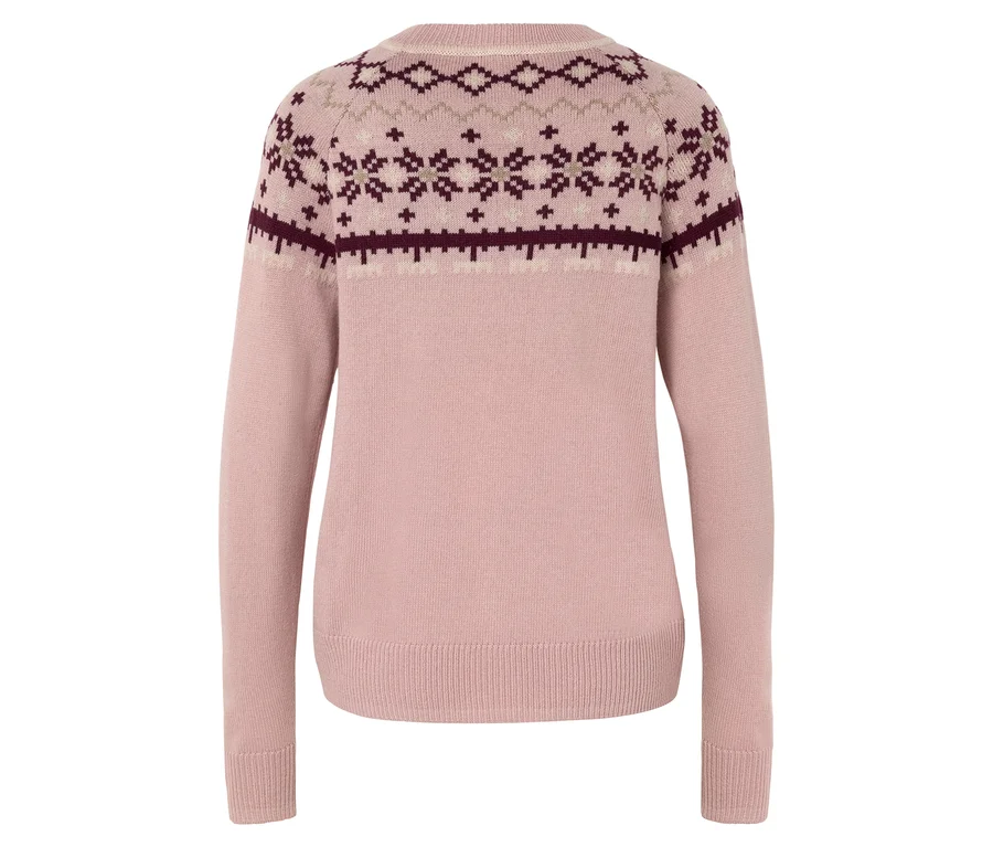 Rosa Pullover mit geometrischem und floralem Muster an Schultern und Brust.