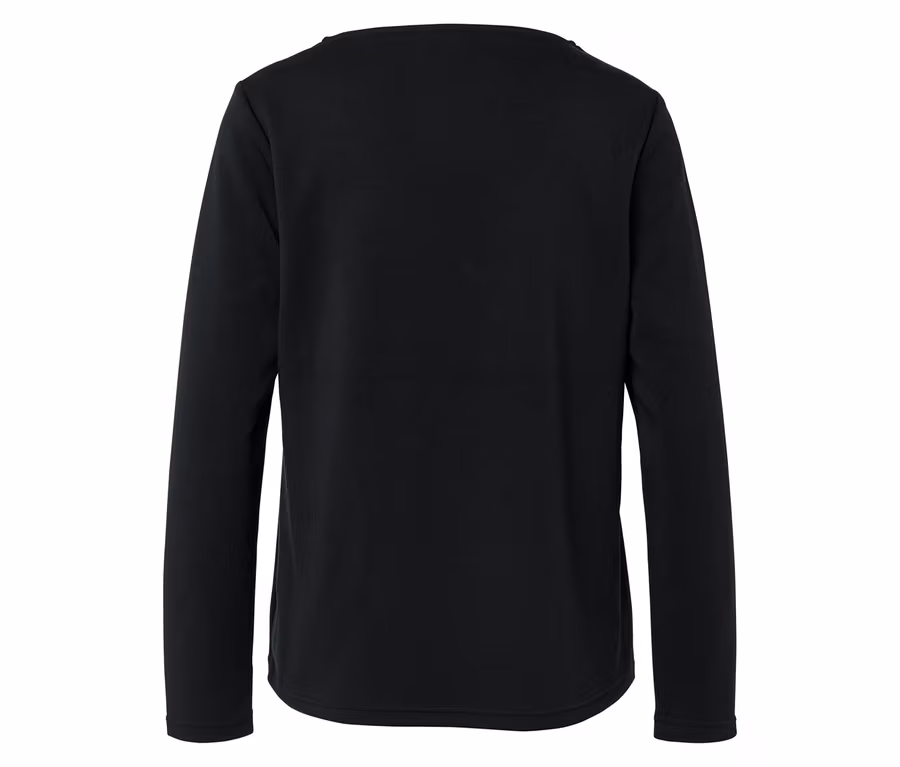 Detailansicht eines schwarzen Damenlangarmshirts von hinten.